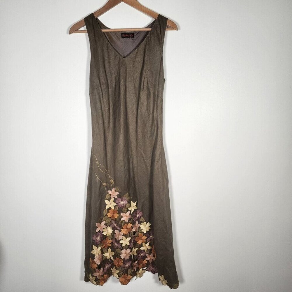 Green Floral Emboirdered Midi Dress Fairy Goblincore Whimsical Artsy Sleeveles S - Picture 2 of 12
